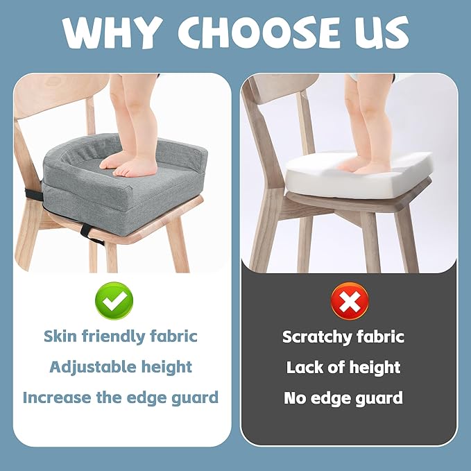 ROYALAY Toddler Booster Seat for Dining Table, Adjustable Height Booster Seat Pad for Kids Chair, 5.3inch Portable Booster Cushion with Straps, Travel Booster Seats for Baby Child Boys Girls(Grey)