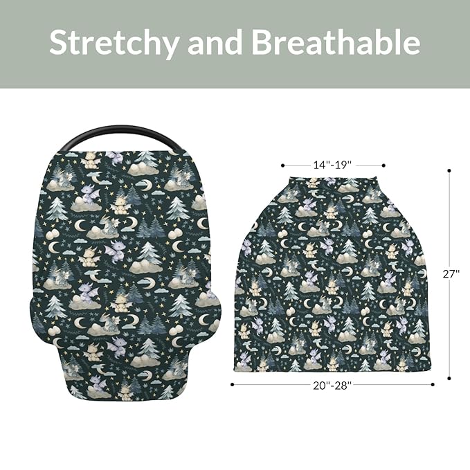 Fairytale Dragons Car Seat Cover for Babies Cute Dragon Moon Stars Clouds Trees Eggs Stretchy 5-in-1 Cover Adjustable Car Canopy Breastfeeding Cover Fantasy Animal Breathable Nursing Cover-Up