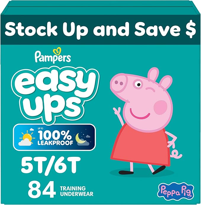 Easy Ups Girls & Boys Potty Training Pants, Size 5T-6T, 84 Count, Peppa Absorbent Training Underwear, Up to 100% Leakproof Day and Night, Hypoallergenic (Packaging May Vary)