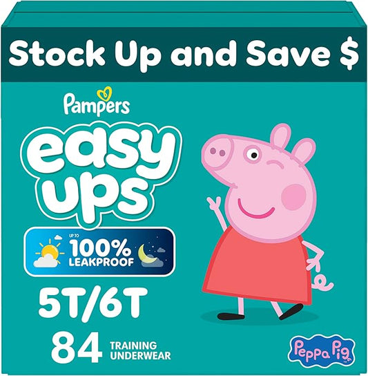 Easy Ups Girls & Boys Potty Training Pants, Size 5T-6T, 84 Count, Peppa Absorbent Training Underwear, Up to 100% Leakproof Day and Night, Hypoallergenic (Packaging May Vary)