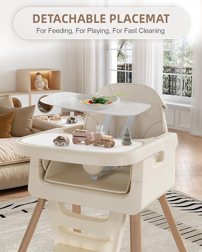 Baby High Chair for 6 Months+, Foldable High Chairs for Babies and Toddlers, Convertible High Chair, Adjustable Tray & Footrest, Portable High Chair & Easy to Clean(White with Wood Grain)