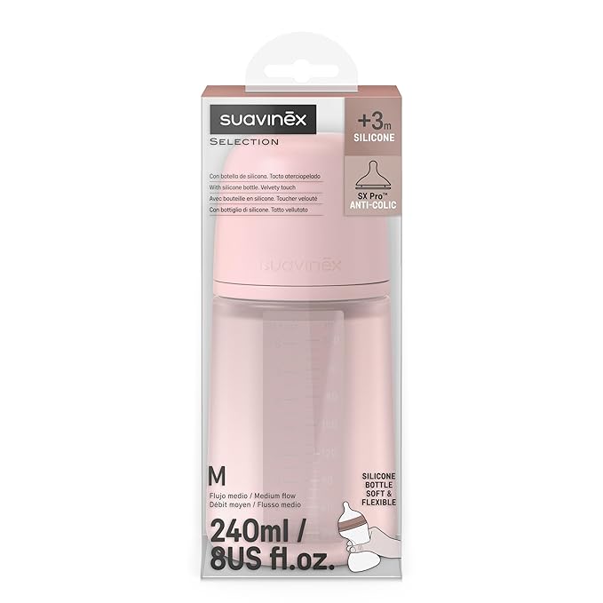 Suavinex Color Essence SX PRO Physiological Soft Flexible Silicone Baby Bottle, Anti Colic Baby Bottles, Supports Breast Feeding Babies, Made in Spain, Medium Flow, 8oz, Rosewater