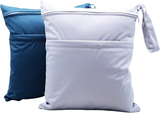 2pcs Cloth Diaper Wet Dry Bags Waterproof Reusable with Two Zippered Pockets Travel Beach Pool Daycare Soiled Baby Items Yoga Gym Bag for Swimsuits or Wet Clothes (3036-2-greyblue)