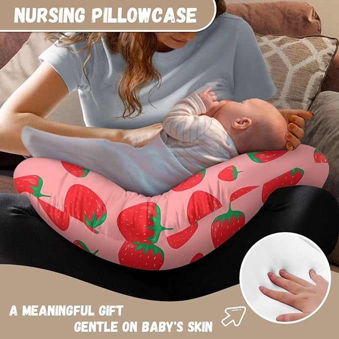 Cute Strawberry Pattern Nursing Pillow Cover for Baby Boy Girl Slipcover for Breastfeeding Pillows, Soft and Stretchy Safely Breastfeeding Pillow Cover Breathable and Washable