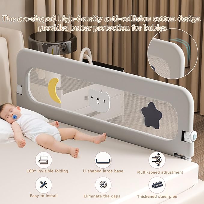 Bed Rail for Toddlers, Foldable Baby Bed Rail Guard, Adjustable, Safety, Convenient, Guard Rails with Twin, Full, Queen& King Size (Pink Cartoon, 1 Side:71inch)