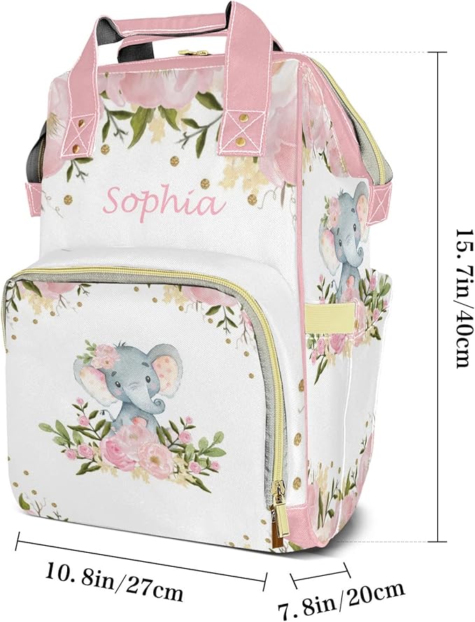 Pink Floral Elephant Mommy Bag for Baby Girl Custom Diaper Bag Backpack Waterproof Multi-Function Travel Camping Picnic Diaper Carrying Bag 10.8"x7.8"x15.7"