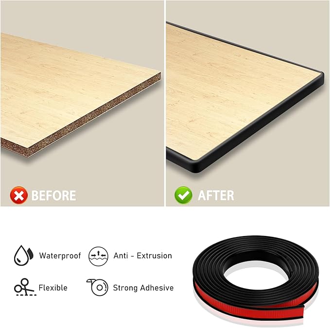 U-Shape Edge Banding, HeiPen 16.4ft Self Adhesive Rubber Edge Trim, Fit 21-22mm Edge, TPE Flexible Furniture Edge Protector for Wood Veneer Cabinet Repair Furniture Restoration (Black, 22mm*16.4ft)
