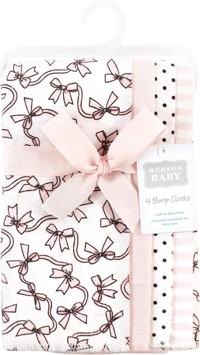 Hudson Baby Cotton Poly Flannel Burp Cloths Multipack, Pink Bows 8-Pack, One Size