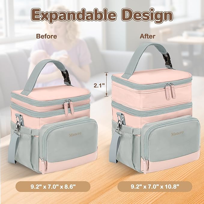 Mancro Expandable Breastmilk Cooler Bag Fits 6 Bottles Up to 9 Oz, Double Layer Breast Milk Travel Bag with Ice Pack, Wearable Breast Pump Bag with Stroller Straps for Nursing Moms, Pink and Grey