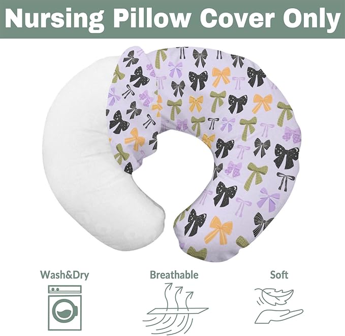 Colorful Halloween Bows Baby Nursing Pillow Covers for Boy Girl Fall Autumn Bows Nursery Pillowcase for Breastfeeding Pillows Spooky Cute Girly Ribbons Soft Stretchy Slipcovers for Newborn Infant