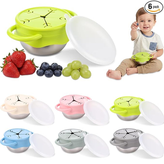 6 Pcs 13 oz Stainless Steel Snack Cups Spill Proof, 3 in 1 Baby Snack Containers Removable Silicone Food Catcher Travel Lid Food Catcher for Baby Toddler Kids, Dishwasher Safe (Classic Color)