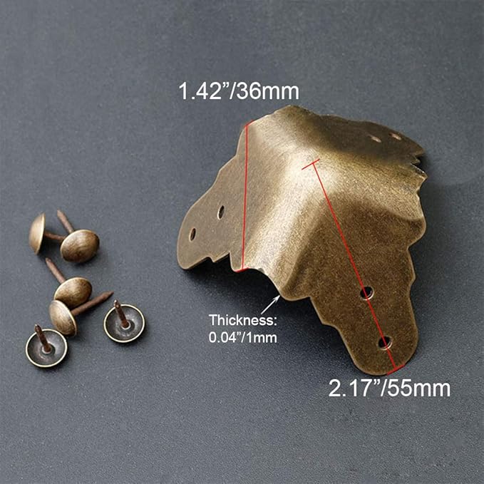 4Pcs Vintage Pure Brass Corner Protectors Antique Hardware Desk Edge Wooden Jewelry Gift Box Cabinet Three Sides Full Encase Corner Guard