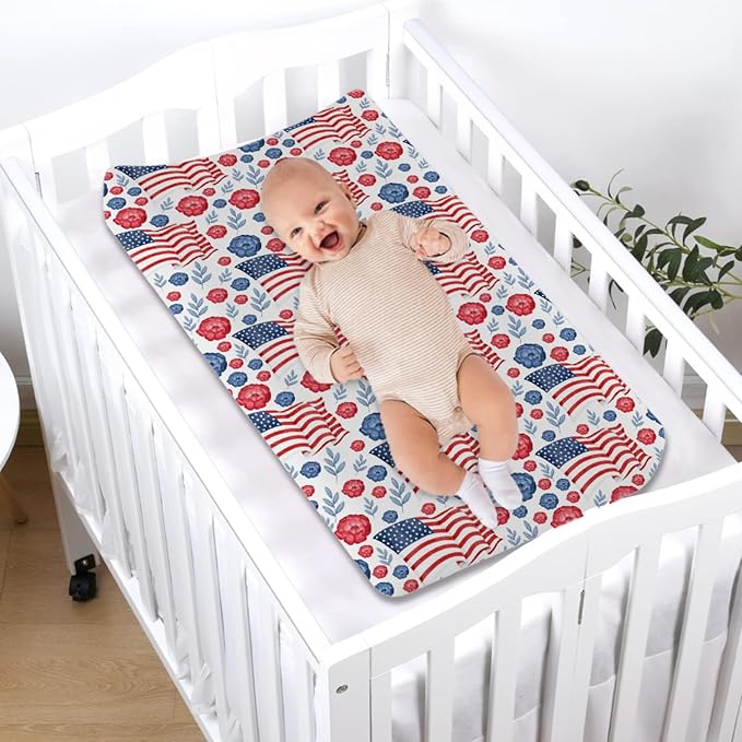 American Flag Blue Red Floral Diaper Changing Pad Covers for Boy Girl 32''x16'' Patriotic 4th of July Unisex Fitted Change Table Sheets Independence Day Soft Breathable Baby Changing Table Mats White