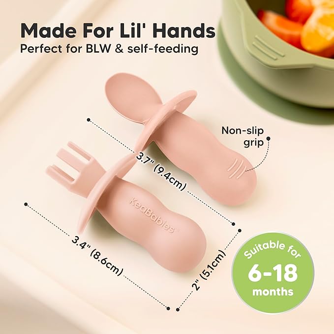 KeaBabies 4-Pack Silicone Baby Spoons and Forks Set - Baby Led Weaning Utensils 6-12 Months, Self Feeding Toddler Spoon & Fork for Training, Teething, Easy to Hold, BPA-Free Silicone(Mellow)