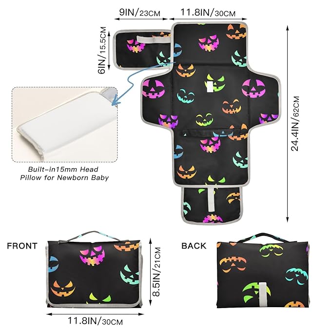 Colorful Pumpkins Halloween Portable Changing Pad for Unisex Baby Toddler Foldable Baby Changing Mat with Pillow & Shoulder Strap Travel Changing Station for Traveling Hiking Gift