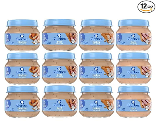 Gerber 2nd Foods 12 Total 2.5 OZ Jars of Each Flavor (3 Turkey & Turkey Gravy, 3 Ham and Ham Gravy, 3 Chicken & Chicken Gravy, 3 Beef and Gravy)