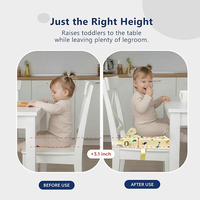 Toddler Booster Seat for Dining Table, Waterproof & Easy-to-Clean PU Cover, Safety Certified, Portable Booster Seat for Kitchen Chairs (Beige - Dinosaur)