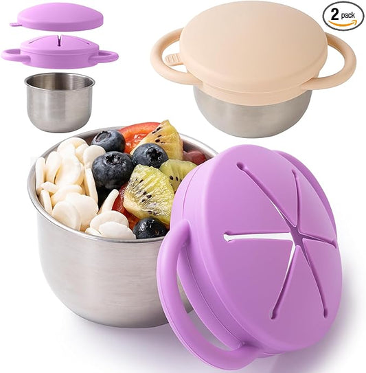 Bufilea 2 Pack Snack Containers for Toddlers, Stainless Steel Toddler Snack Cups with Silicone Food Catcher & Lids,Snack Cups for toddlers Spill Proof