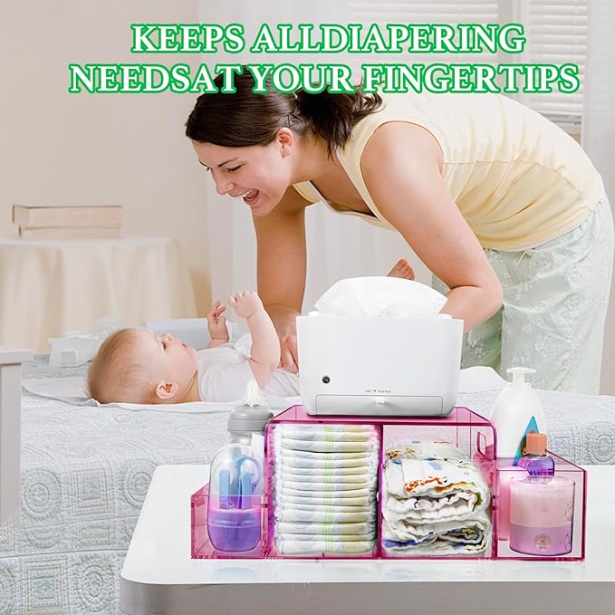 NANYEZH Acrylic Diaper Caddy, Baby Wipes Organizer for Changing Table, Dresser Top Tabletop Organizer with 4 Detachable Compartments, Anti-slip Rubber Feet, Newborn Baby Essentials, Red