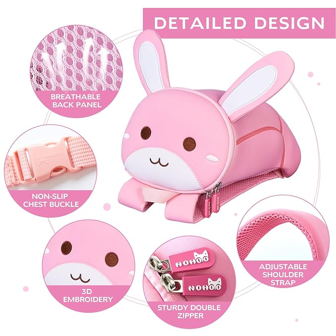 NOHOO Toddler Backpack Leash, Mini Cute Cartoon Animal, Waterproof Travel Book Bag for Baby Boys Girls 3~6 Years (Rabbit)