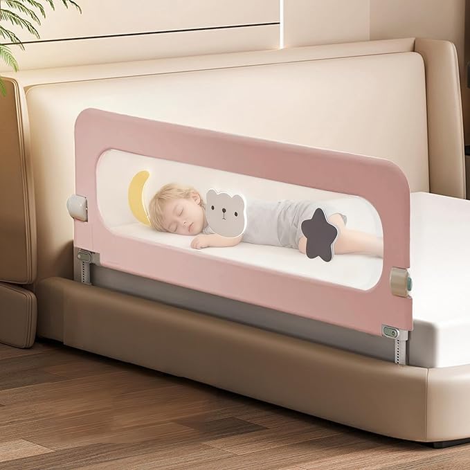 Bed Rail for Toddlers, Foldable Baby Bed Rail Guard, Adjustable, Safety, Convenient, Guard Rails with Twin, Full, Queen& King Size (Pink Cartoon, 59inch)