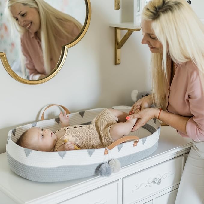 Vesta Baby Woven Cotton Rope Moses Changing Basket - Portable Infant Nursery Dresser Table Topper with Soft Foam Pad & 2 Washable Bamboo Waterproof Covers for Easy Diaper Change - Boho Gray & Beige