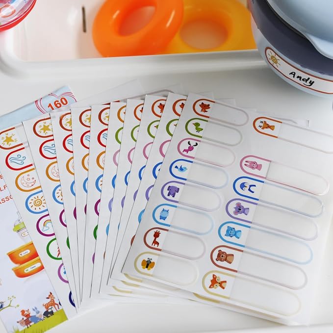 160 PCS Baby Bottle Labels for Daycare, Waterproof Write-On Kids Name Labels, Self-Laminating Self-Adhesive Bottle Strickers for Daycare School, Assorted Sizes & Colors