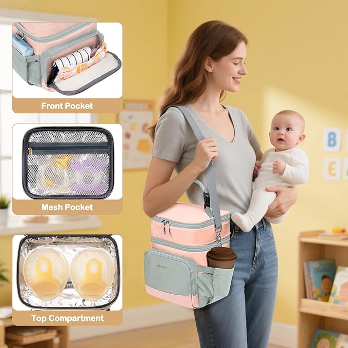 Mancro Expandable Breastmilk Cooler Bag Fits 6 Bottles Up to 9 Oz, Double Layer Breast Milk Travel Bag with Ice Pack, Wearable Breast Pump Bag with Stroller Straps for Nursing Moms, Pink and Grey