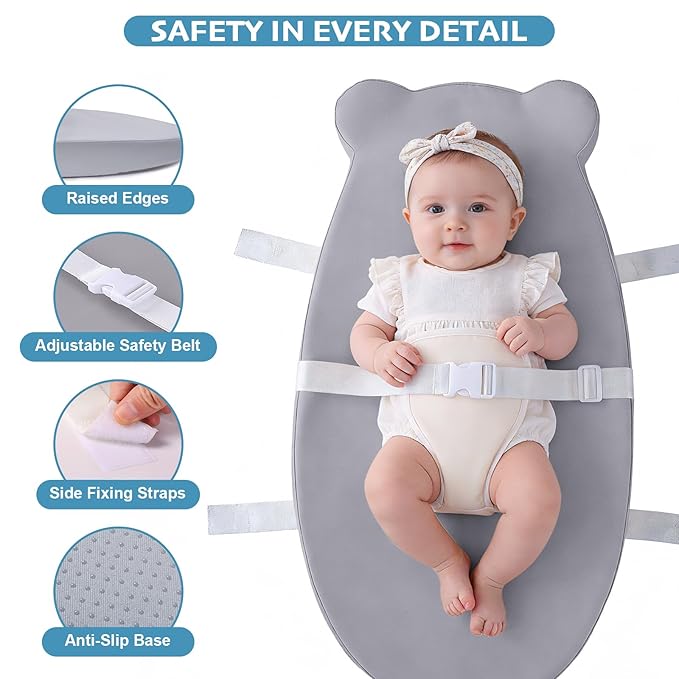 Baby Changing Pad, Waterproof & Wipeable Soft Diaper Changing Mat with PU Cover, Contoured Baby Changing Pad for Dresser & Table, with Non-Slip Safety Belt, Portable & Lightweight,Large Cushioned Foam