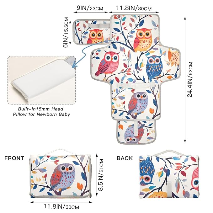 Portable Diaper Changing Pad Travel Baby Changing Mat Waterproof Diaper Changing Mat Foldable Lightweight Baby Changer with Built-in Pillow Cute Colorful Owls Branch Flowers