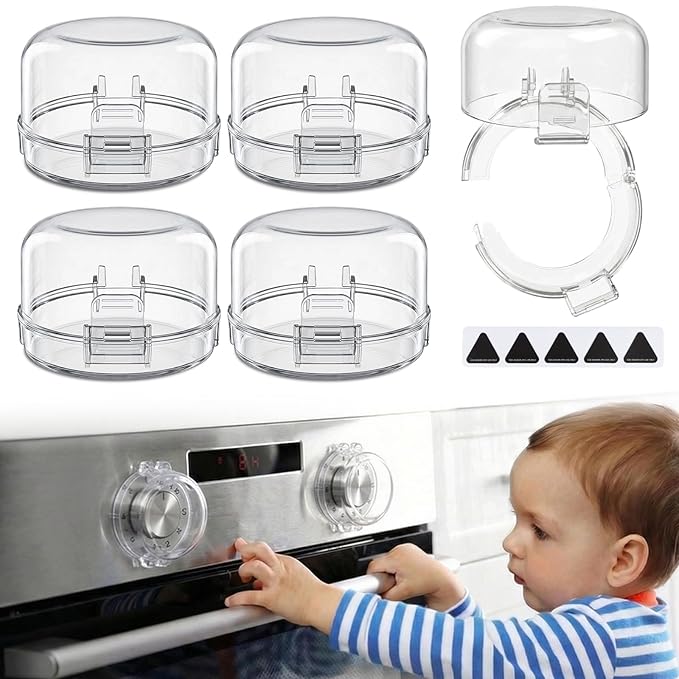 Stove Knob Covers for Child Safety – 5-Pack Heat-Resistant Oven Lock Knob Protectors with Heat Alert Stickers, Baby and Pets Proofing Stove Knob Guards for Gas & Electric Stoves(Clear-1)