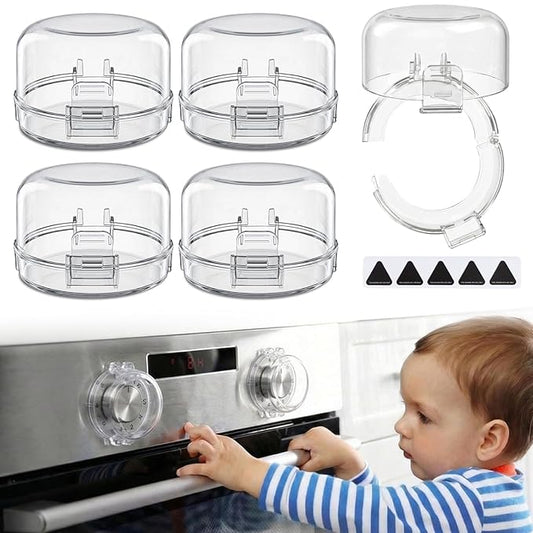Stove Knob Covers for Child Safety – 5-Pack Heat-Resistant Oven Lock Knob Protectors with Heat Alert Stickers, Baby and Pets Proofing Stove Knob Guards for Gas & Electric Stoves(Clear-1)