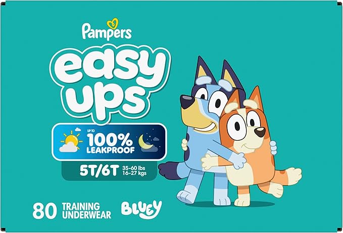 Easy Ups Girls & Boys Potty Training Pants, Size 5T-6T, 80 Count, Bluey Absorbent Training Underwear, Up to 100% Leakproof Day and Night, Hypoallergenic (Packaging May Vary)