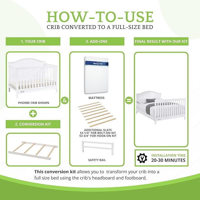 CC KITS Full-Size Conversion Kit Bed Rails Compatible with Simmons Kids Convertible Cribs by Delta Children - Solid Wood Rail - Toddler and Adult Bed Rail for Full-Size (Bianca White, Bolt-ON KIT)