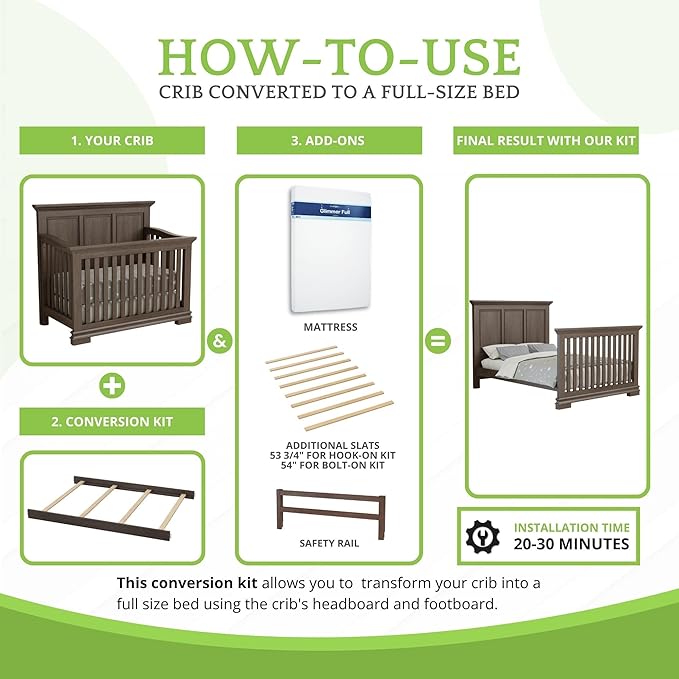Full-Size Conversion Kit Bed Rails for Oxford, Soho, Ozlo & Avalon Baby Convertible Cribs - Solid Wood - Toddler and Adult Rail for Full-Size Bed - Nursery and Baby Furniture (Slate, Hook-On Kit)
