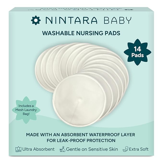 Nintara Baby Reusable Nursing Pads – Soft & Absorbent Breast Pads, Bamboo Viscose Blend, Contoured Fit, Leak-Resistant, Pack of 14 with Laundry Bag