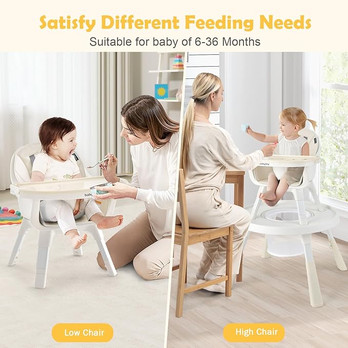 BABY JOY 7 in 1 Baby High Chair, Convertible High Chairs for Babies and Toddlers, Building Block Table, Toddler Chair with Adjustable Legs, Removable Tray, Storage Basket, Safety Harness (Beige)