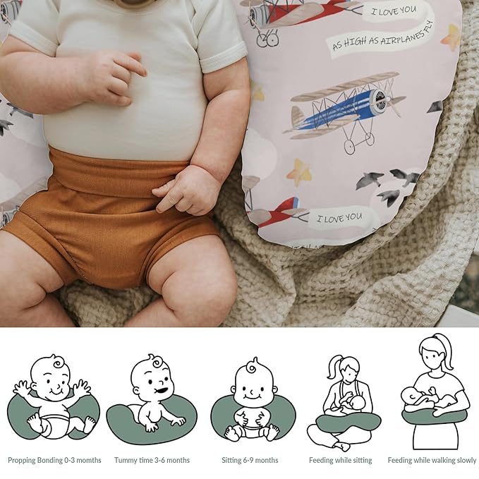Vintage Planes Birds Sky Nursing Pillow Covers for Boy Girl Retro Flying Airplanes Baby Nursery Slipcover for Breastfeeding Pillows Aircraft Travel Soft Stretchy Removable Covers for Newborn Infant