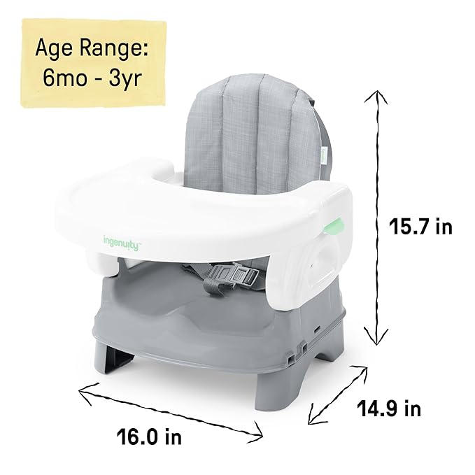 Ingenuity Deluxe Comfort Booster Seat for Kitchen Chair, Compact Fold, Portable, Lightweight, Toddler Booster Seat for Dining Table, from 6 Months to 3 Years – Grey