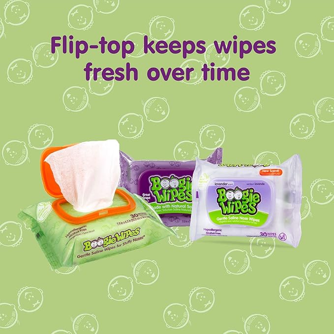 Baby Saline Wipes by Boogie for Face, Body & Nose, for Baby and Kids Made with Natural Saline, Grape Scent, 180 Count (Pack of 6)