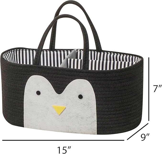 T&T Homewares Diaper Caddy Organizer, Cotton Rope Diaper Caddy Basket, Baby Shower Basket, Nursery Storage Bins, Newborn Caddie- Cat, Fox, Penguin (Black Penguin)