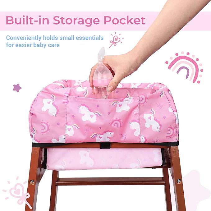 COOLBEBE Baby High Chair Cover with 3-Point Harness, Waterproof & Machine Washable Portable Seat Cover, Fits Wooden Chairs for Restaurant, Travel, Home & Dining Out, Pink Unicorn
