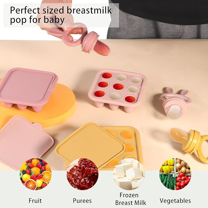 Baby Food Freezer Tray Silicone Nibble Freezer Tray,Baby Fruit Food Feeder Teether,Breastmilk Popsicle Mold,Babies Breast Milk Teether Pop Maker Maker for Homemade Infant Meals-Pink