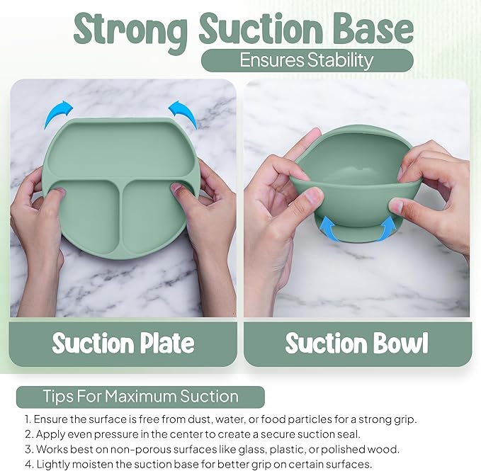 O'doe 17-Piece BPA-Free Silicone Baby Feeding Set | Thick & Soft Suction Plates, Baby Bowls, Wooden Fork & Spoon, and More | Make Mealtime Fun and Easy for Your Little One (Green, V2)