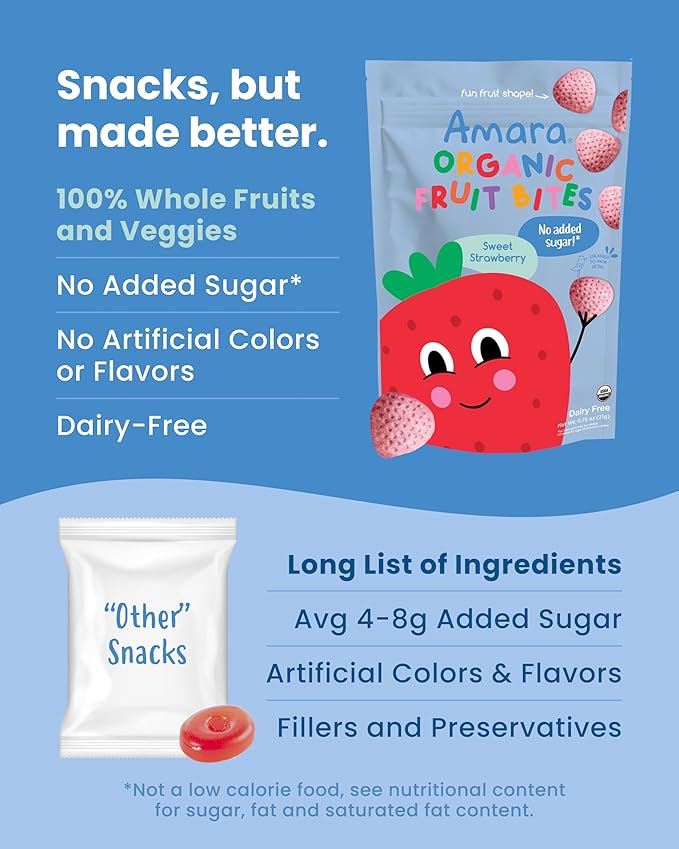 Amara Organic Fruit Bites Sweet Strawberry - No Added Sugar, Dairy-Free, Nut-Free Healthy Fruit Snacks, Made with Organic Whole Foods, Allergy-Friendly Healthy Fruit Snacks for Kids - 21g 6PK