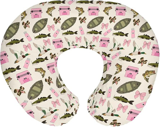 Pink Fishing Hunting Girly Baby Nursing Pillow Covers for Girl Boats Bass Fish Duck Bows Nursing Slipcovers for Breastfeeding Pillows Summer Lake Country Fishing Soft Stretchy Slipcovers for Newborn