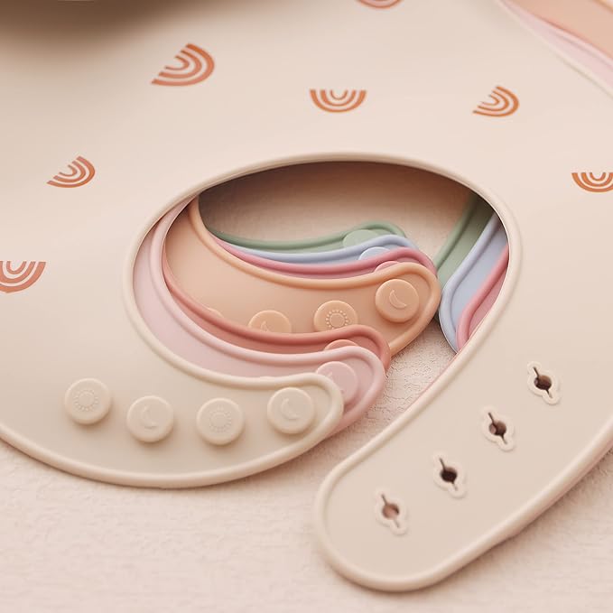 ROCCED Baby Silicone Bibs 2 Sets Baby Bibs with Food Catcher for Girls Boys Toddlers BPA Free Waterproof Soft Durable Adjustable for Babies-Shifting Sand/Pale Mauve