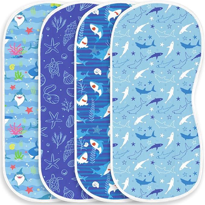 4pcs Baby Burp Cloths for Boys Girls Parent,100% Cotton Ocean Shark Collection Muslin Burping Cloths for Spitting Up,Newborn Infant (Blue Ocean Whale, 4PC)
