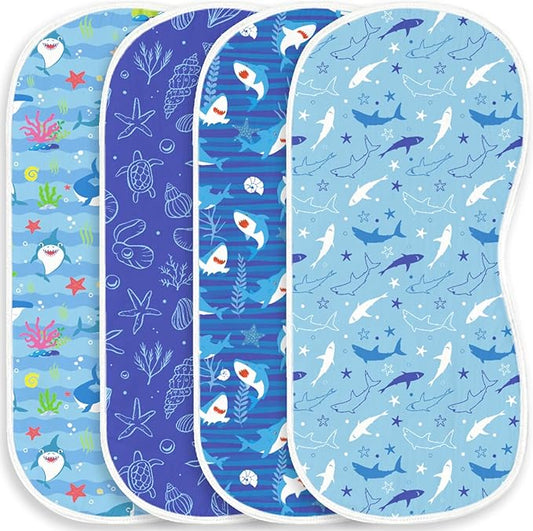 4pcs Baby Burp Cloths for Boys Girls Parent,100% Cotton Ocean Shark Collection Muslin Burping Cloths for Spitting Up,Newborn Infant (Blue Ocean Whale, 4PC)