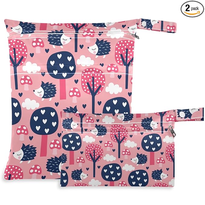 visesunny Hedgehog Forest 2Pcs Wet Bag with Zippered Pockets Washable Reusable Roomy for Travel,Beach,Pool,Daycare,Stroller,Diapers,Dirty Gym Clothes, Wet Swimsuits, Toiletries